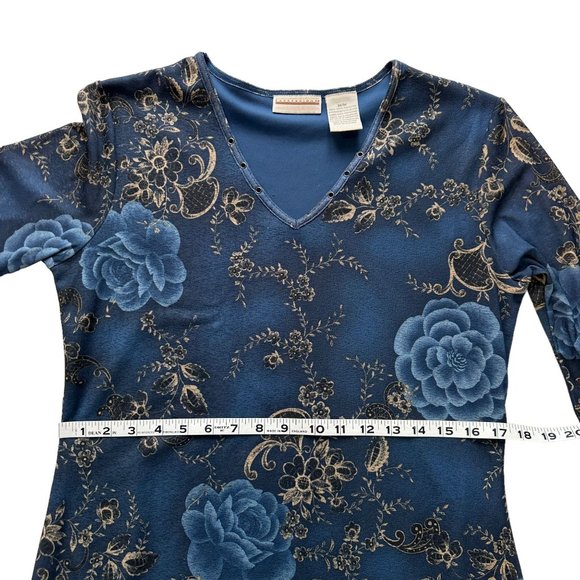 Vintage Y2K 90s Expressions MEDIUM Blue Floral Lettuce Hem V-Neck Midi Dress - Picture 10 of 11